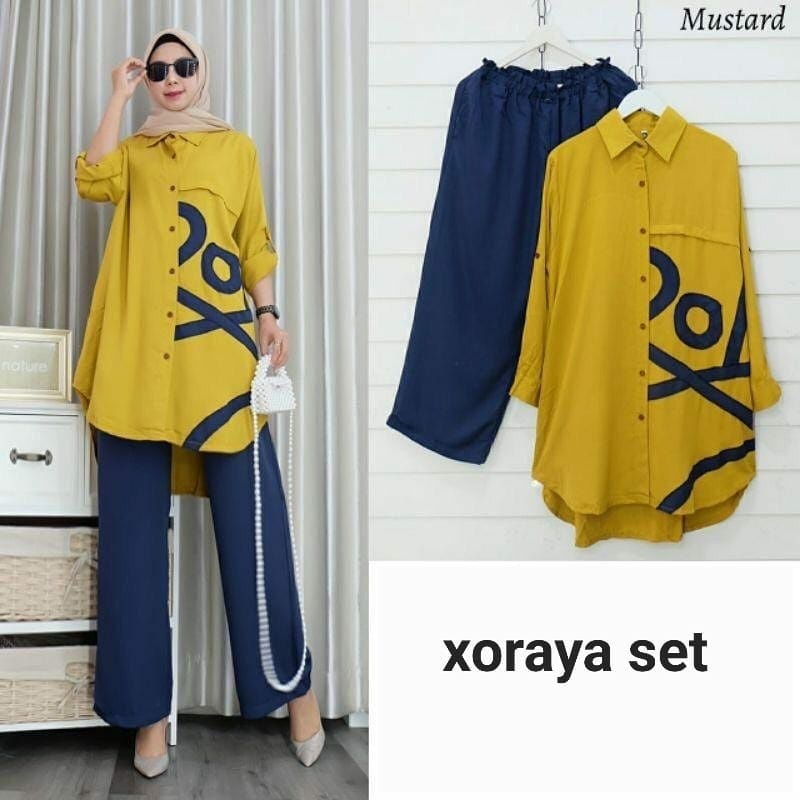 SET XORAYA FASHION PAKAIAN WANITA SETELAN ATASAN DAN CELANA BAHAN MOSCREPE EDHM