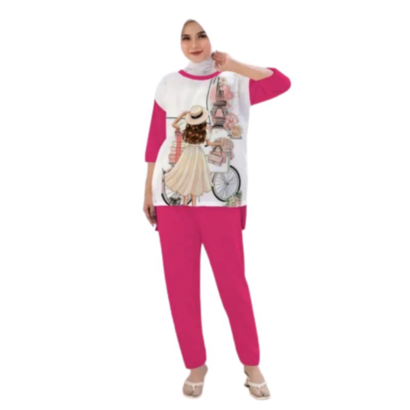 Setelan Kaos Wanita Dewasa Oversize Ld 110 cm Terbaru 2023 Viral Gambar Digital Printing Bahan Kaos Babyterry Tangan 3/4 dan Celana Panjang One Set Wanita Dewasa Jumbo Kekinian Atasan Baju Wanita Dewasa Big Size Stelan Baju Wanita Santai Cewek Paris