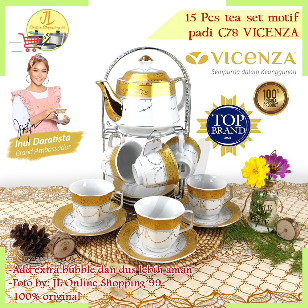 VICENZA Tea set porcelain motif C-78 Padi / cangkit set + teko / gelas teh kopi + tatakan