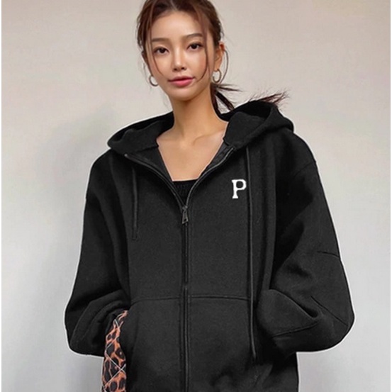 Hoodie Zipper initial P | Oversize Korean Style Jumper | Bahan Fleece | Wanita  dan Pria Size XXL