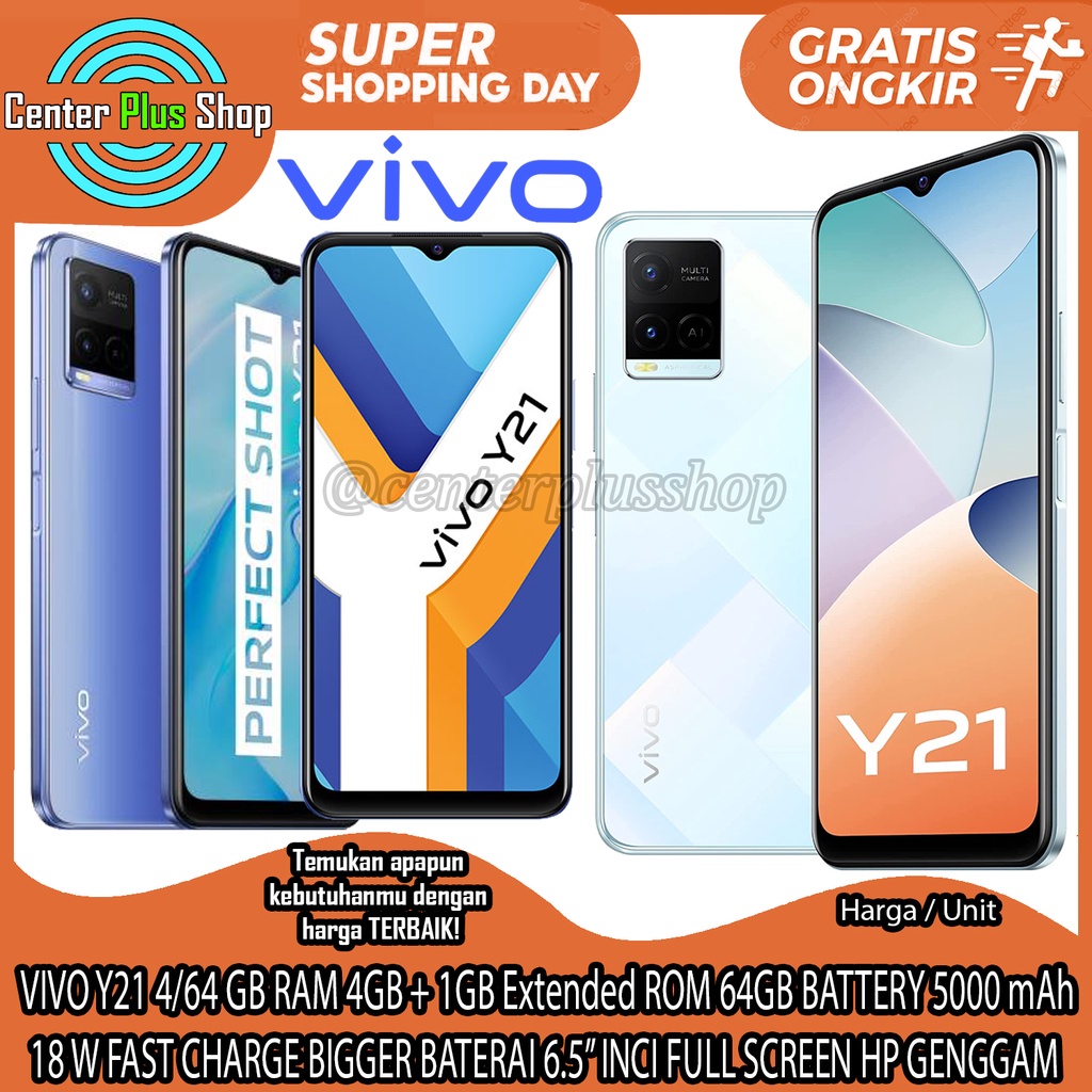 VIVO Y21 4/64GB RAM 4GB + 1GB Extended ROM 64GB BATTERY 5000 mAh 18 W FAST CHARGE BIGGER BATERAI 6.5