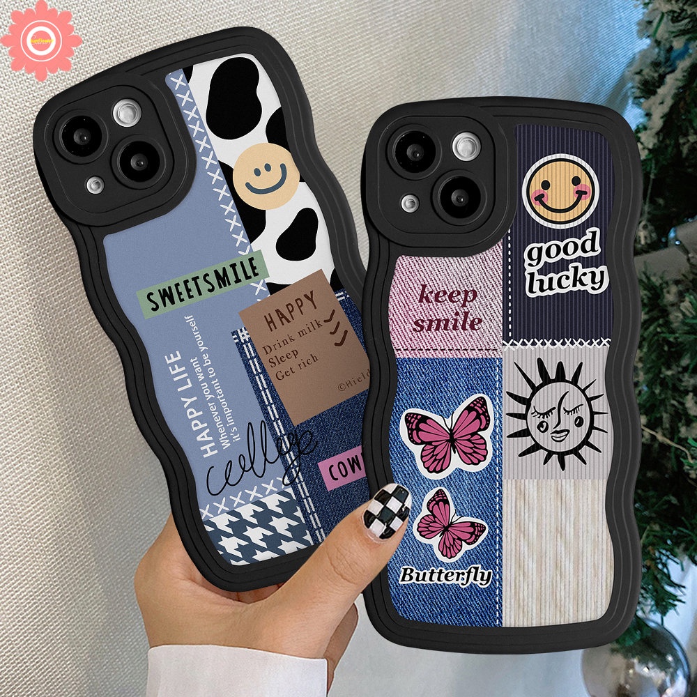 Casing Redmi Note11 10 9 8 10s 9s 11s 10 Pro Max Redmi 12C 9T 10 10C 9A 9C 9 A1 10A POCO M3 X3 NFC Pro Mi 11T Pro Butterfly Smiley Label Pattern Splicing Lembut Bergelombang Penutup Tepi