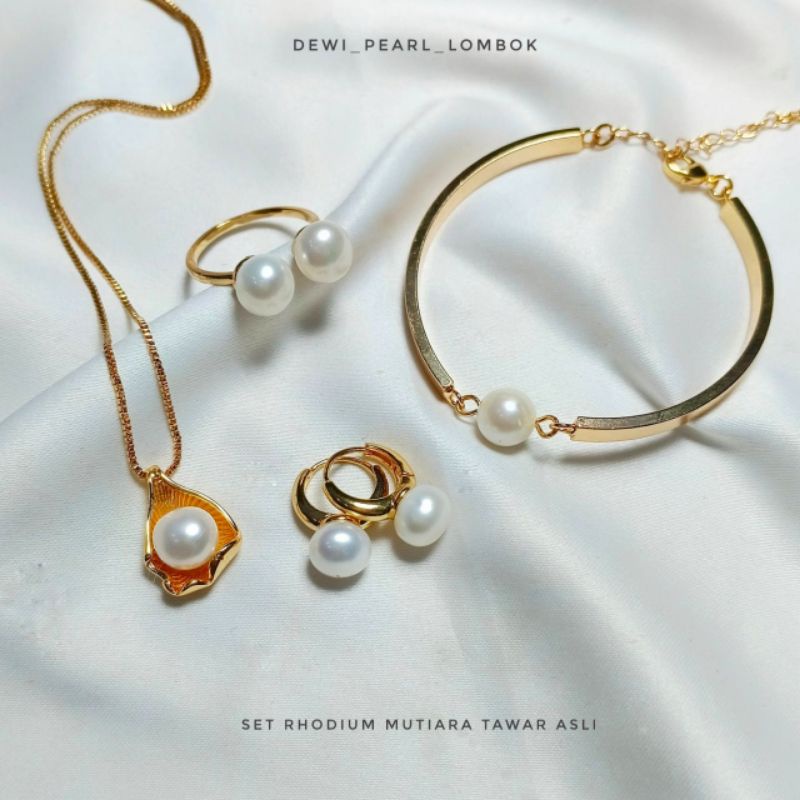 Set  Rhodium Mutiara Tawar Asli Bersertifikat || Set Mutiara Asli || Set Perhiasan Wanita || Set Rho
