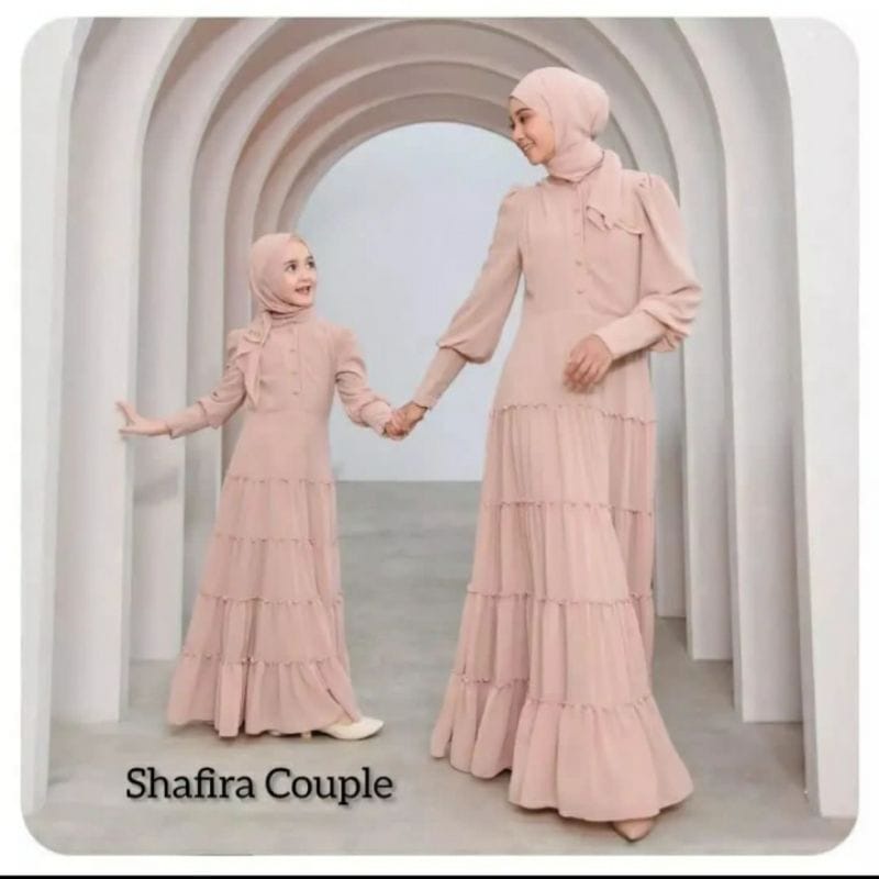 Baju Couple Ibu Anak Perempuan (FREE PASHMINA) Shafira Couple Mom &amp; Kids Setelan Gamis Ceruty Babydoll One Set Kondangan