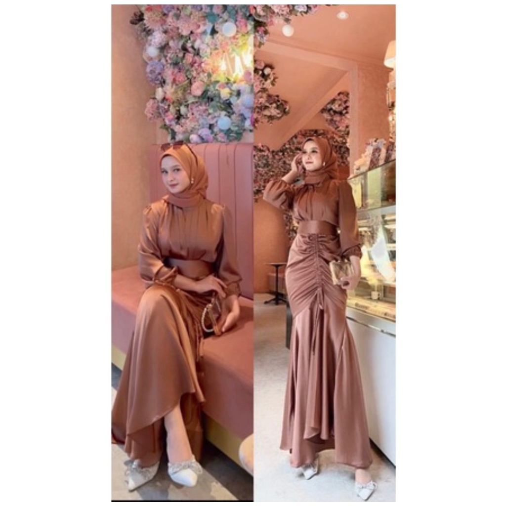 Gamis serut vannya dress silk bahan satin busui friendly terbaru / Dress gamis kondangan bridesmaid kekinian raelpict