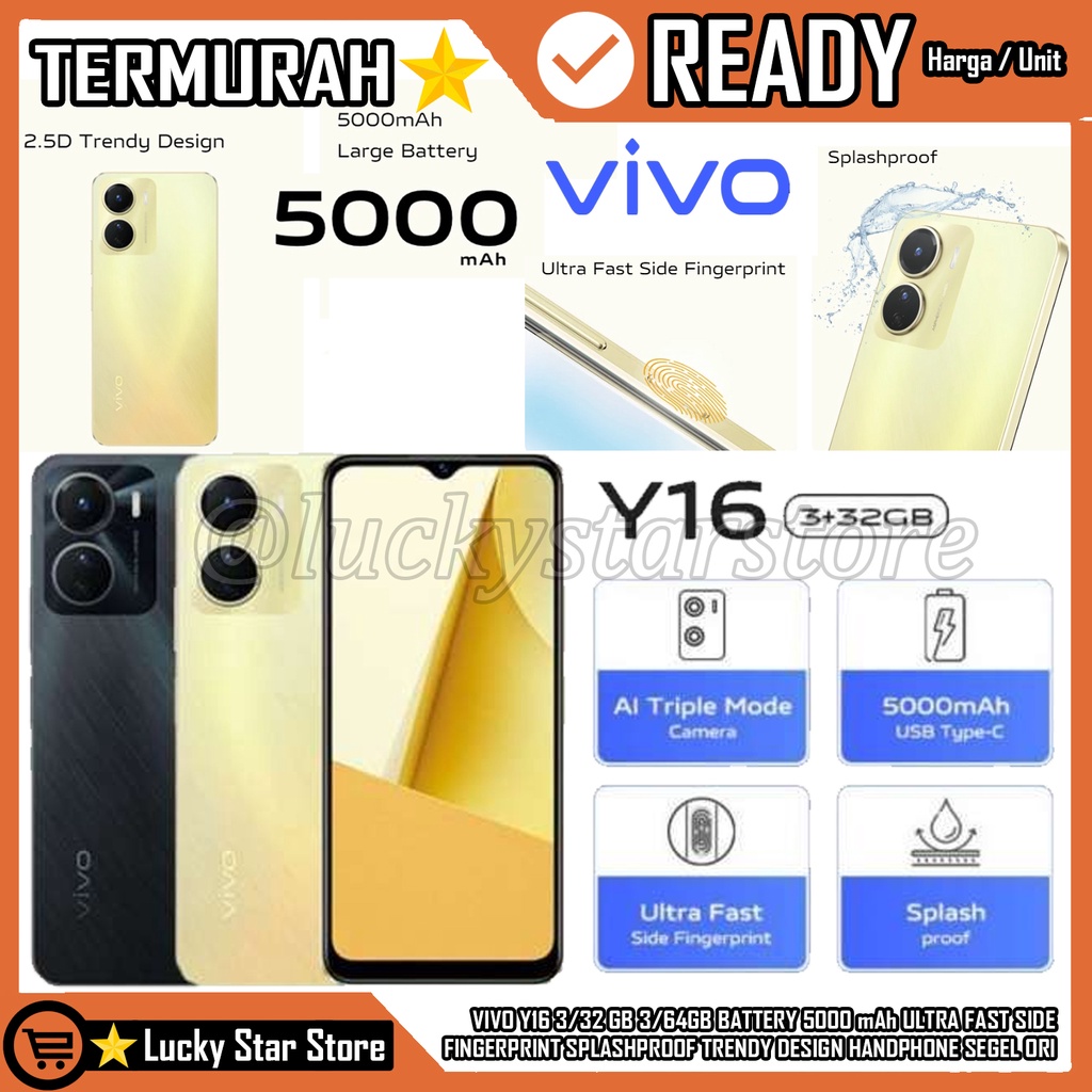 VIVO Y16 3/32 GB 3/64GB BATTERY 5000 mAh ULTRA FAST SIDE  FINGERPRINT SPLASHPROOF TRENDY DESIGN HAND