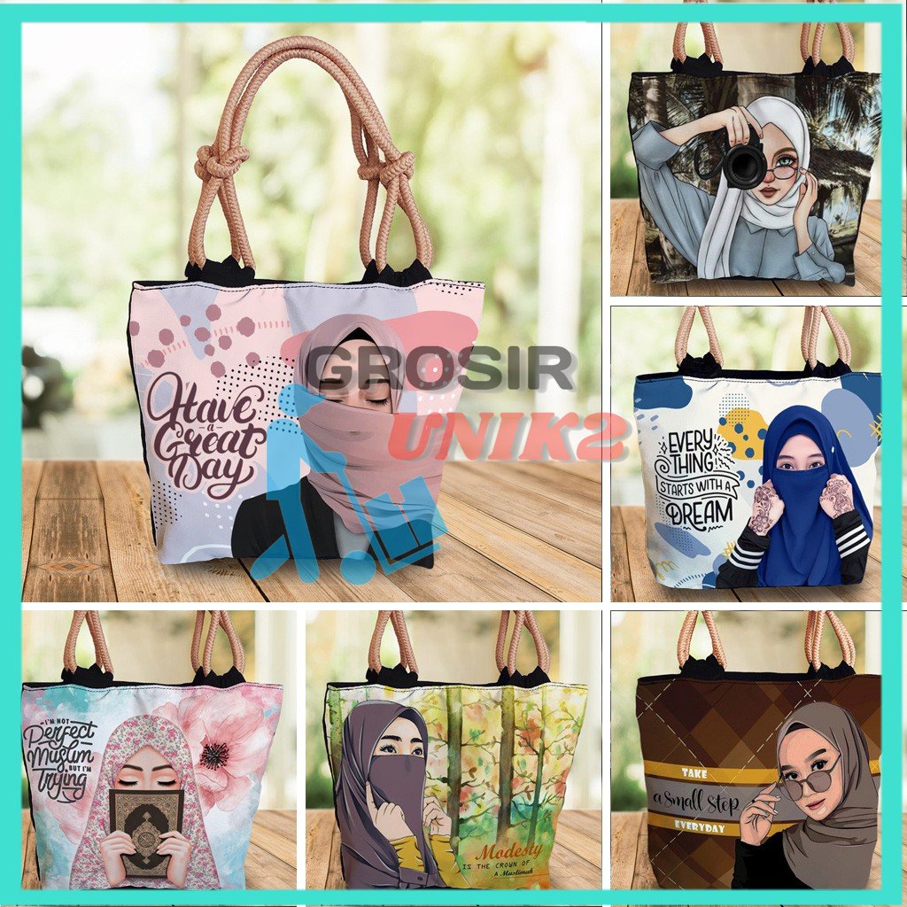 TAS WANITA Totebag Tali Sumbu Tas Wanita Hijab Kanvas Printing Gambar Muslimah GROSIR UNIK