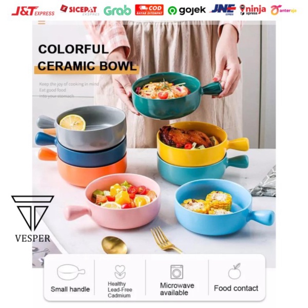

Jual ceramic bowl korea with handle / mangkok piring keramik saji makanan - blue Limited