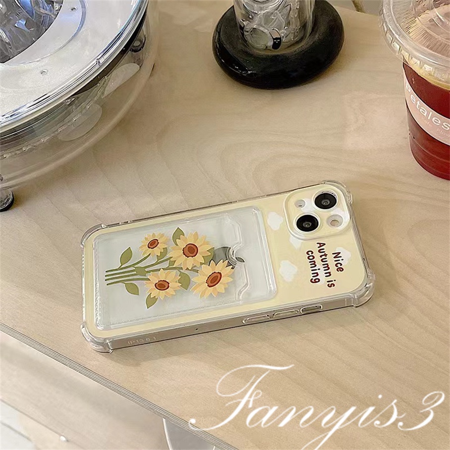 Compatible For IPhone 14 13 12 11 Pro Max X XR Xs Max 8 7 Plus SE 2020 Kompatibel Untuk Cute Sunflower Card Holder Phone Case Bening TPU Soft Cover Pelindung