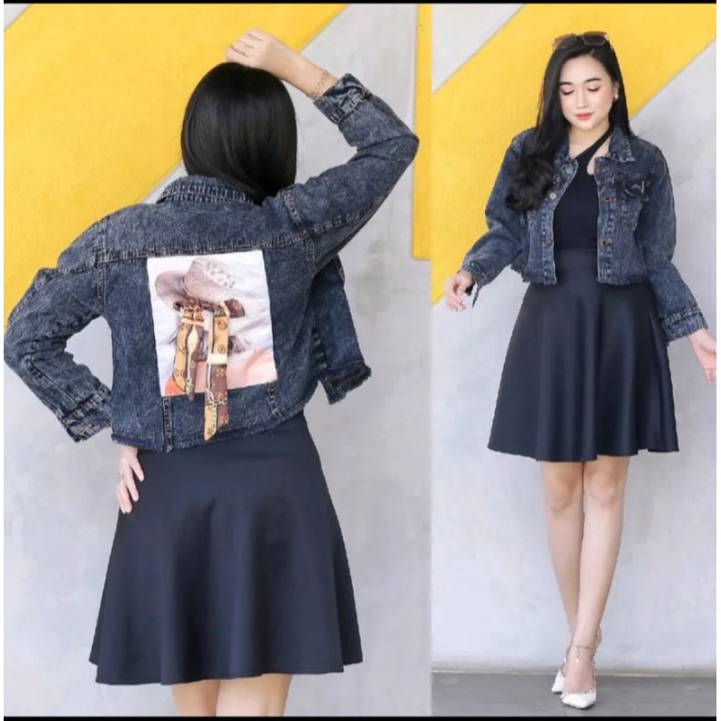 Jaket Wanita Crop Jeans Cewek Jaket Crop Denim Jins Pita Ripped Rawis Jaket belakang gambar pita Kekinian Jacket Crop Ripped Jaket Murah Terbaru Koreanstyle Crop.