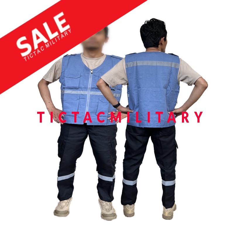Rompi Safety K3 Proyek Resleting Bahan Kain Drill Kantong Murah Rompi Savety Kain