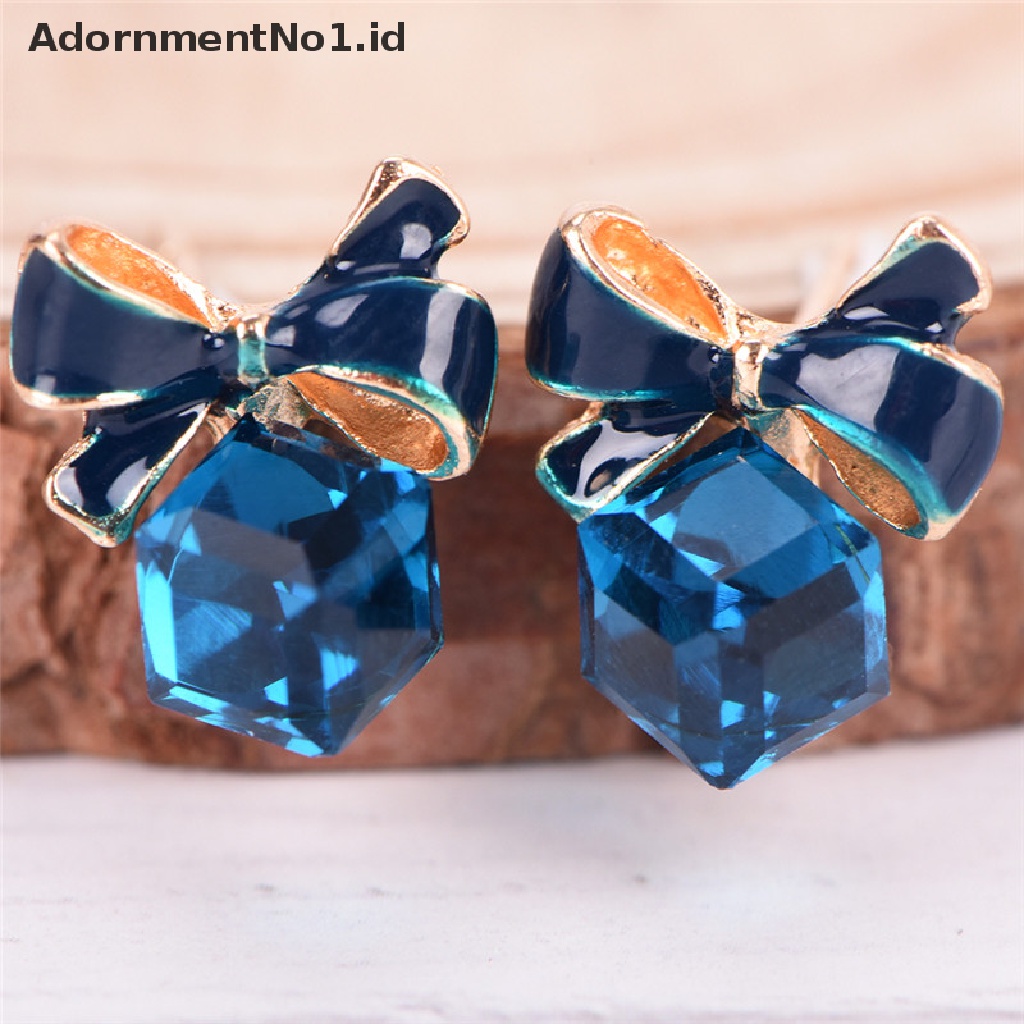 [AdornmentNo1] Biru Kristal Berlian Imitasi Enamel Bow Ear Stud Bowknot Earrings Hadiah Wanita Perhiasan [ID]