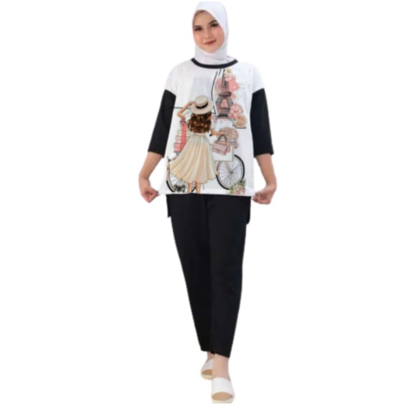 Setelan Kaos Wanita Dewasa Oversize Ld 110 cm Terbaru 2023 Viral Gambar Digital Printing Bahan Kaos Babyterry Tangan 3/4 dan Celana Panjang One Set Wanita Dewasa Jumbo Kekinian Atasan Baju Wanita Dewasa Big Size Stelan Baju Wanita Santai Cewek Paris