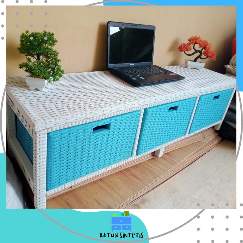 Meja TV Laci 3 Rotan Sintetis Rak Bufet Susun Samping