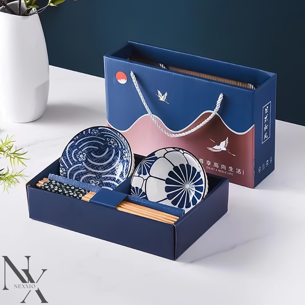 NexXio Souvenir mangkok set premium peralatan makan porselen biru dan putih mangkuk keramik mangkok hampers mangkok set jepang