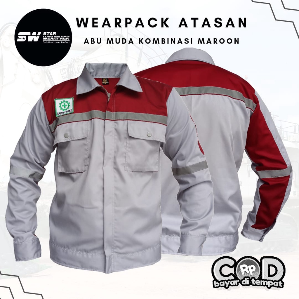 Star Wearpack - Baju Seragam Kerja  Lengan Panjang Warna Abu Muda Kombinasi Maroon