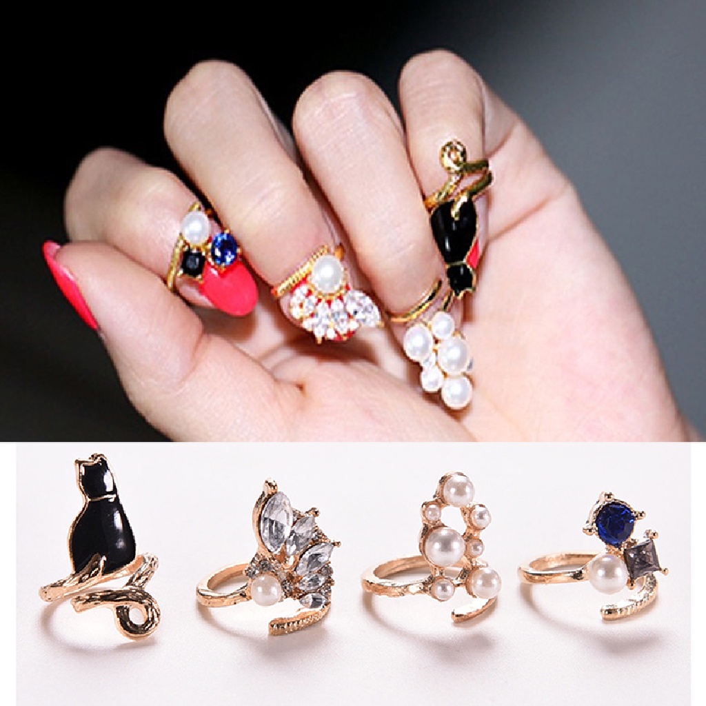 [AdornmentNo1] Cincin Fashion Wanita Cat Pearl Zircon Nail Rings Set 4PCS/Set Chic Knuckle Rings [ID]