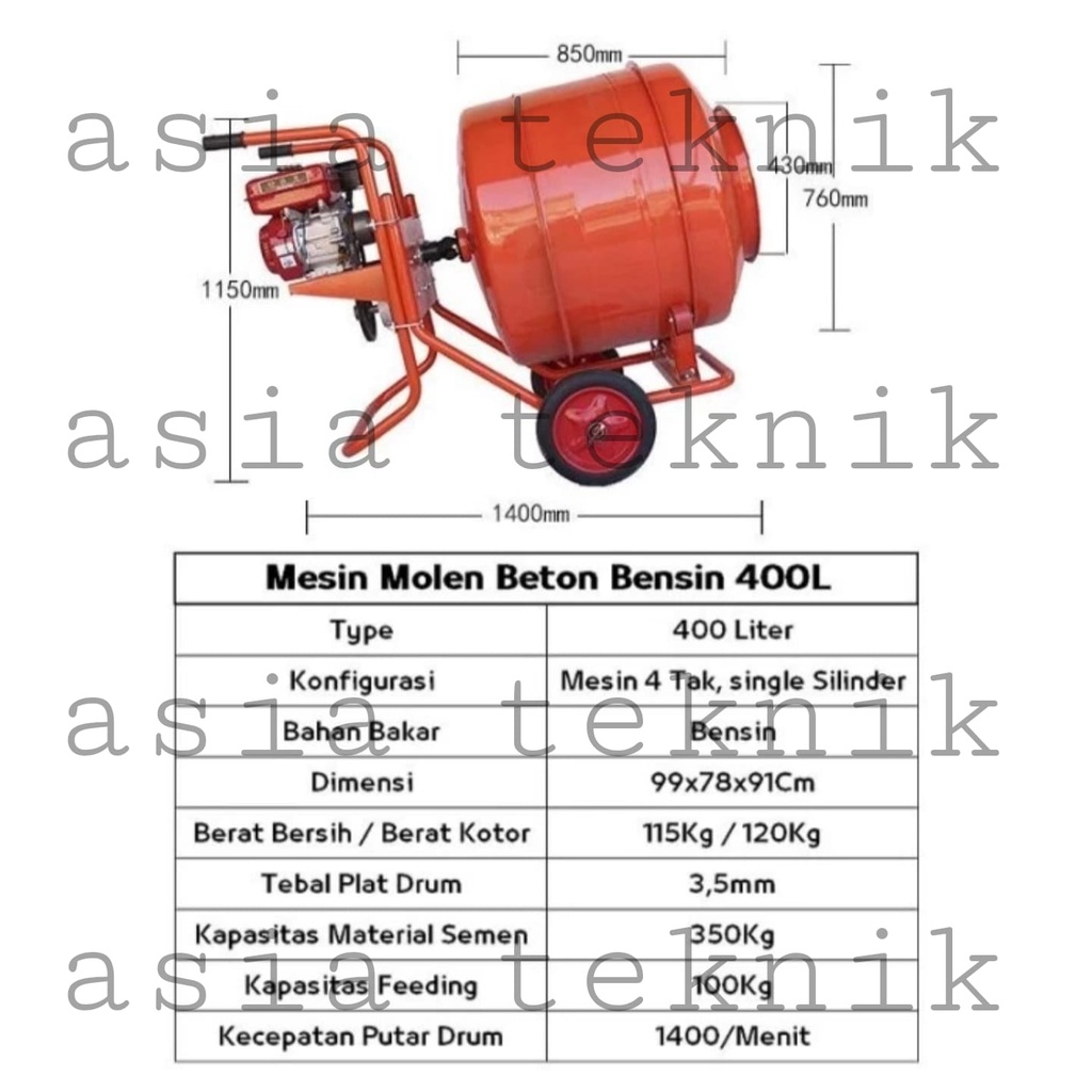 Mesin Molen Beton Pengaduk Semen Molen 400 Liter