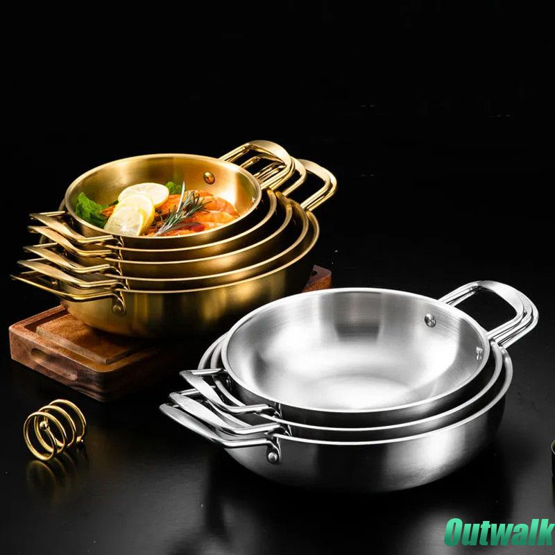 ღ Stainless Steel Makanan Laut Pot Emas Tebal Double Telinga Pan Kering Pot Hotpot Rumah Memasak Paella Pan Piknik Makanan Ringan Piring dapur Memasak Alat