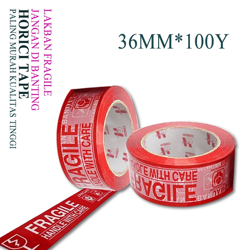 HORICI TAPE 36MMx100Y lakban Fragile Jangan di banting Isolasi Mudah Pecah Belah Aneka varian termurah satuan