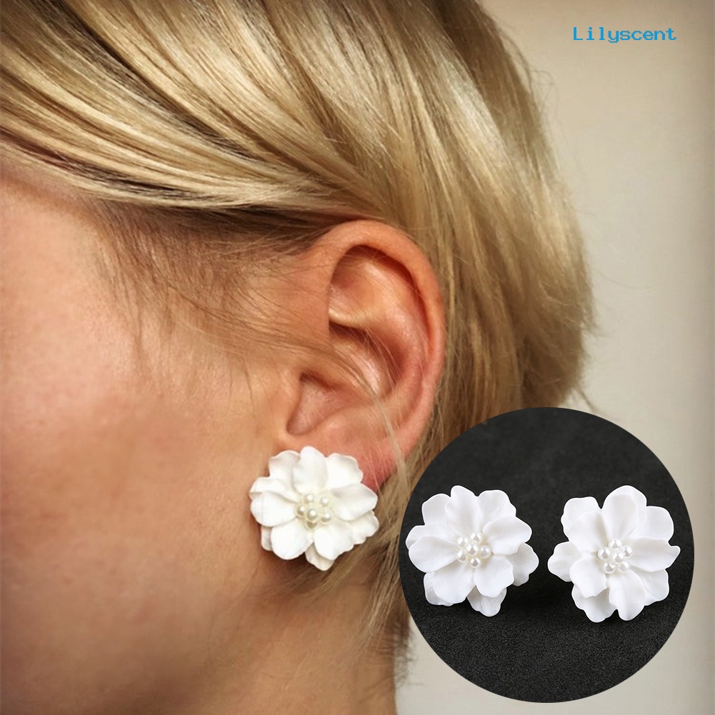 [LS] Elegan Resin Bunga Mutiara Imitasi Wanita Anting Ear Studs Perhiasan Pesta Pacaran