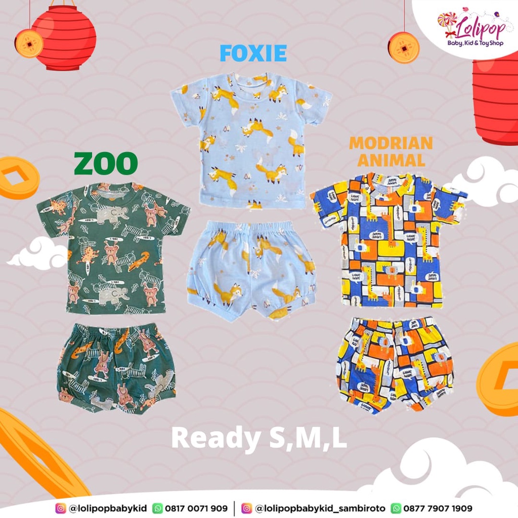 LIBBY Setelan Oblong Cotton Rib Pendek - Celana Pendek Series Boy Motif Happy Farm (1stel)