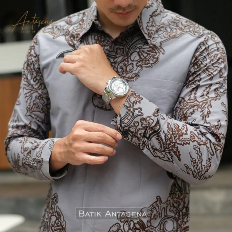 Baju Kemeja Batik Pria Lengan Panjang Slim Fit Lapis Furing Katun Halus Premium Modern Sragenan AKAR ABU