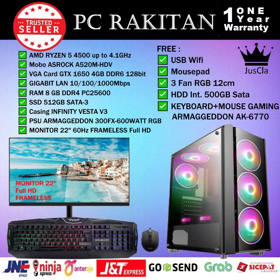 MONITOR 22&quot; + PC KOMPUTER AMD RYZEN 5 4500 4,1GHz|DDR4 8GB|VGA GTX 1650 4GB|SSD 512GB SATA|HDD 500GB|KEY+MOUSE RGB|USB WIFI