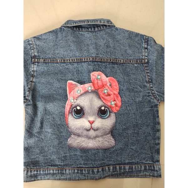 jaket jeans anak perempuan dan laki laki usia 1 - 8 tahun, variasi polos, pita, mixue dan kucing