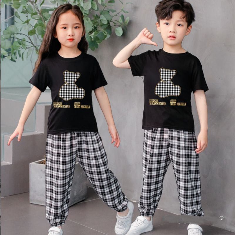 Setelan jogger anak perempuan laki laki 2-4  tahun motif bear kotak / setelan jogger anak unisex 2-4 tahun kotak kotak