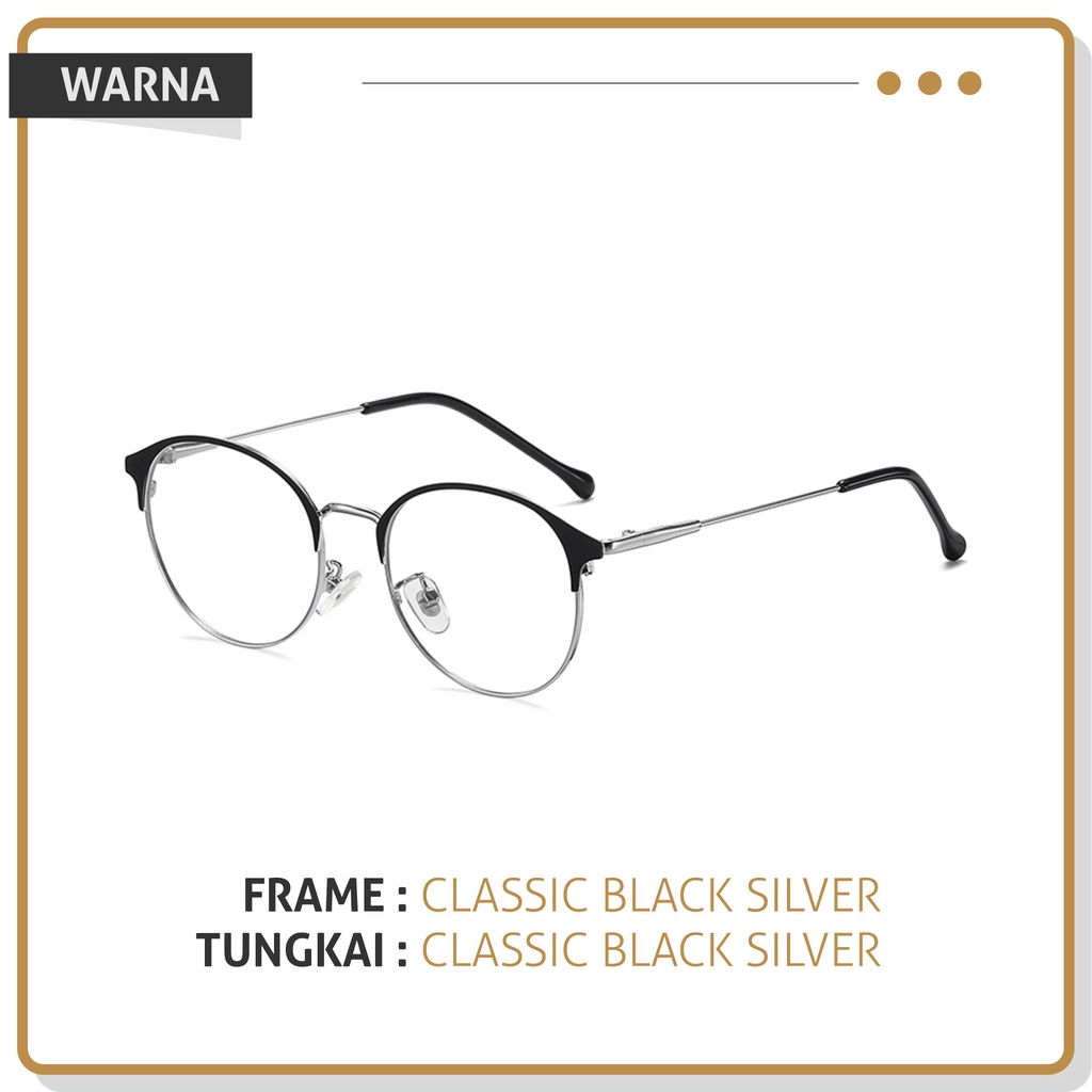 Colore.in Kacamata Anti Radiasi Lensa Minus Photocromic Anti Blueray Wanita Pria Terbaru Kacamata Fashion Metal Bentuk Bulat Anti Silau Frame Kacamata Komputer 9810-Black Silver