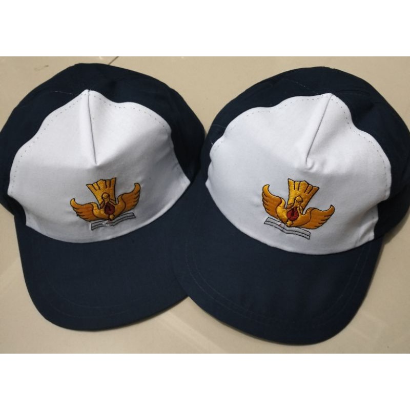 TOPI SMP BIRU PUTIH LOGO TUTURI BORDIR