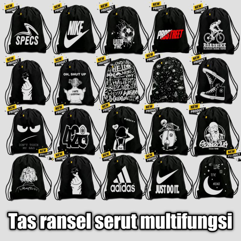 Tas serut pria anti air terbaru motif printing bahan taslan waterproof tali besar