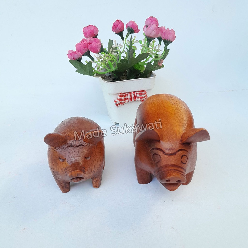 Kerajinan patung kayu Babi pig mini handmade hiasan Bali