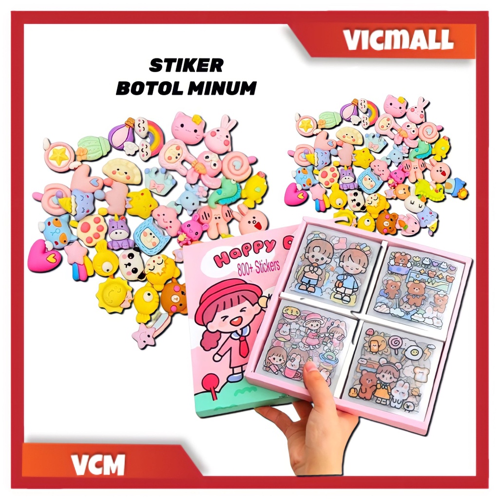 (VCM) 100pcs Stiker 3D Stiker 2D / Stiker Aesthetic Design DIY/Sticker botol minum 2D plastik anti air/Buku Diary Stiker Motif/Stiker Anti Air Botol Hp Laptop Lucu