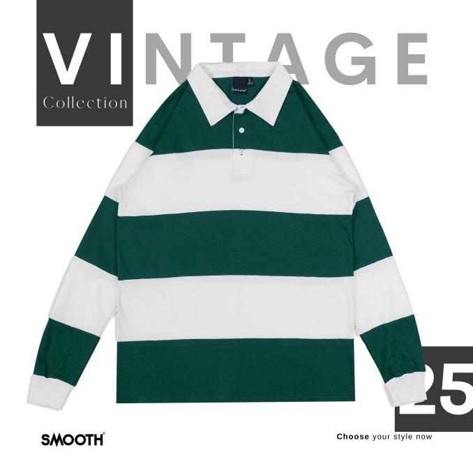 SMOOTH BASIC Vintage Rugby Polo Shirt - Green White Green