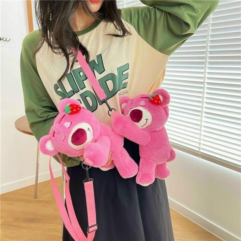 Tas Bahu Boneka Plush Anak Lucu Baru Versi Korea Dari Strawberry Bear Manyo Handbag Kartun Winnie Perempuan Sling Bags