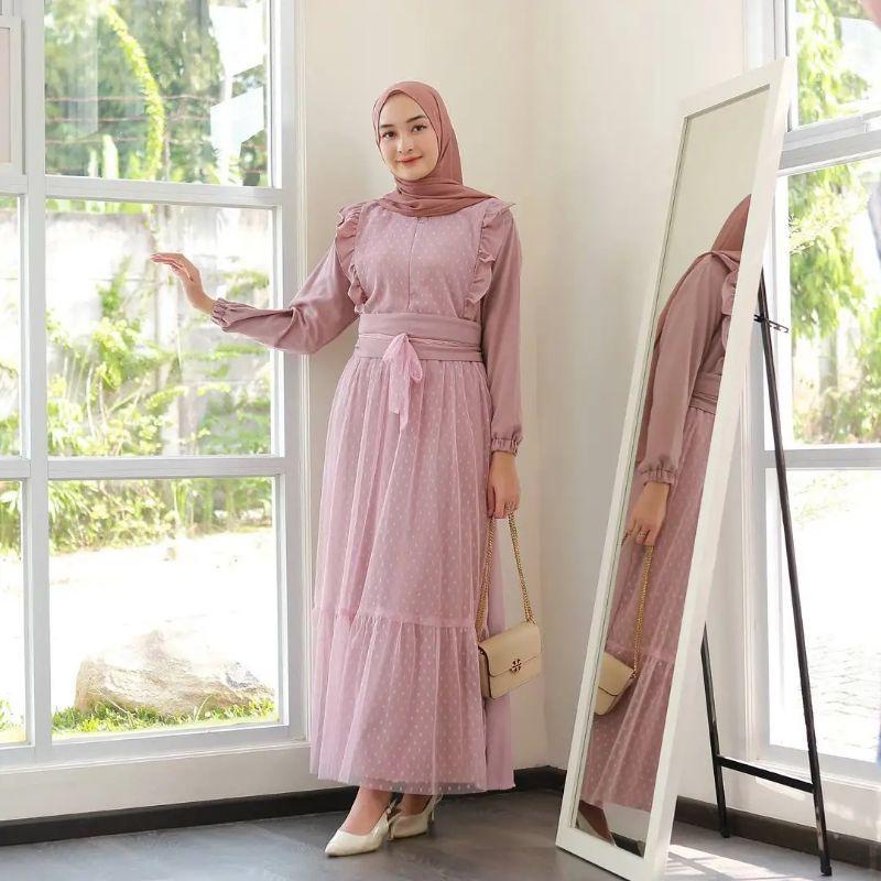 Gaun Pesta Muslimah - Dress Kondangan - Brukat Tile Dot Mewah