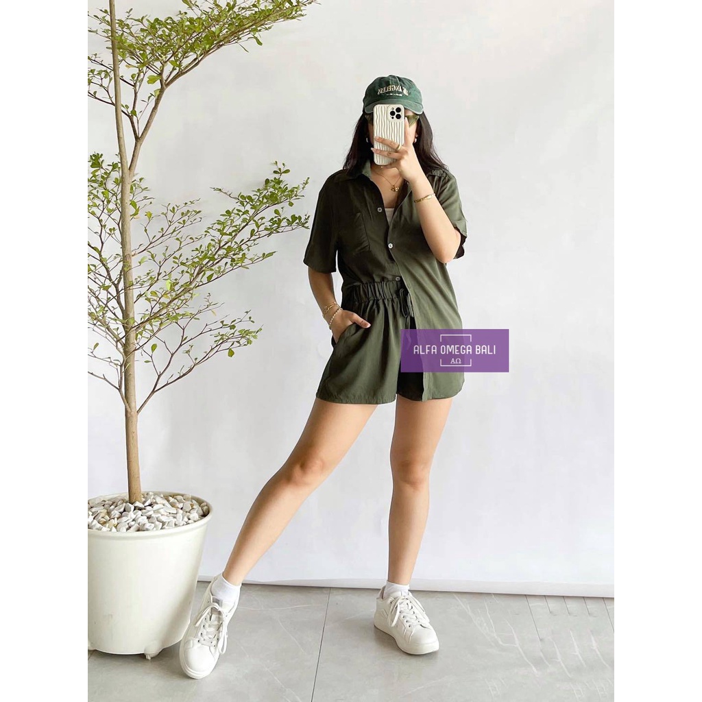 Setelan Kemeja Wanita Celana Pendek Ada Saku Oversize