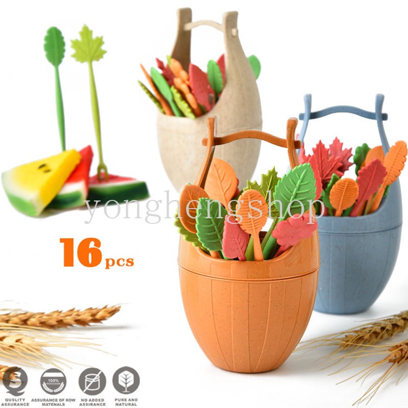 16pcs / set Garpu Buah / Kue / Salad / Snack Bentuk Daun Untuk Dekorasi Meja