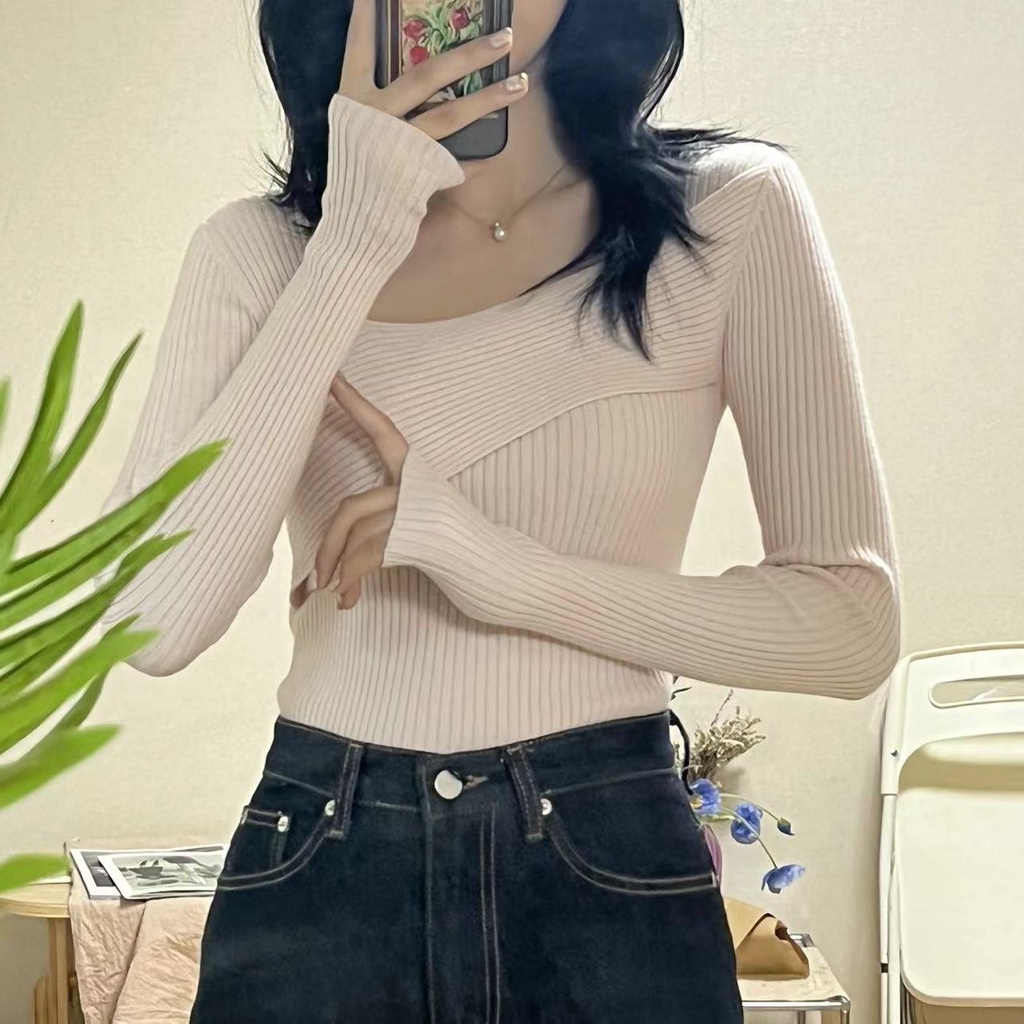 Red Keinginan murni untuk mengekspos tulang selangka temperamen tidak teratur rajutan sweater wanita musim gugur dan musim dingin rasa desain ceruk slim-pas sweater kemeja bagian dalam bottoming