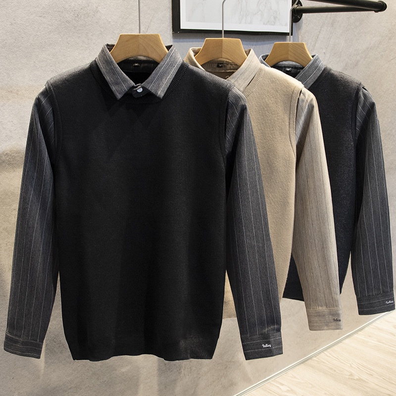 Bulu Palsu Dua Potong Sweater Kemeja Pria Fashion Korea 2022 Tebal  Rajut Kasual Mantel  Pria