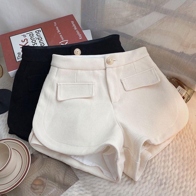 Red Palsu Saku Pinggang Tinggi Satu Kancing Luar Pakaian Santai Celana Wanita Musim Dingin 2022 Versi Korea All-Match Hitam Corduroy celana Pendek