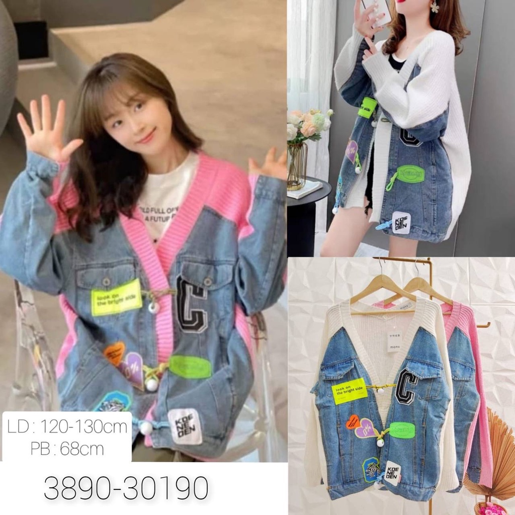 22218 OUTER JACKET MONX VNECK JEANS KOMBI RAJUT WOOL OVERSIZE VARIASI 3D KANCING BALL PEARL JAKET JE