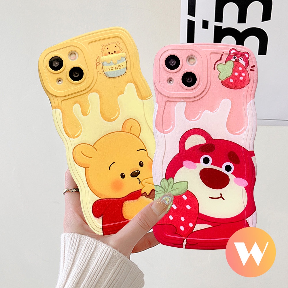 Realme C33 C21Y C35 C15 C12 C25Y C30 C25 C17 C11 C20 10 7i 5i 8Pro 9i 8 8i C20A C25s 6i 7 5 9Pro+9c3 Winnie The Pooh Lucu Kartun Strawberry Bear Manyo Soft Tpu Wavy Edge Case