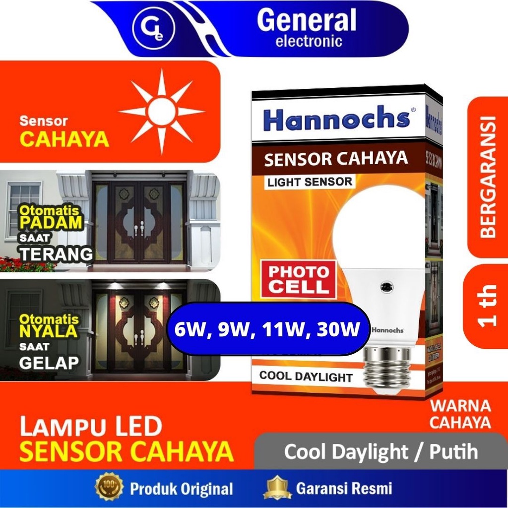 Lampu Led Light Sensor Cahaya Otomatis Hannochs 6w 9w 11w 30w Cahaya Putih