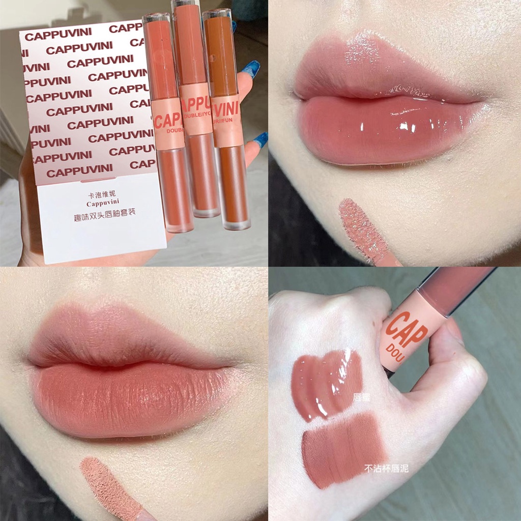 Cappuvini warna baru yang menyenangkan berkepala dua lip glaze mirror water light glaze student high-value lipstick beauty makeup