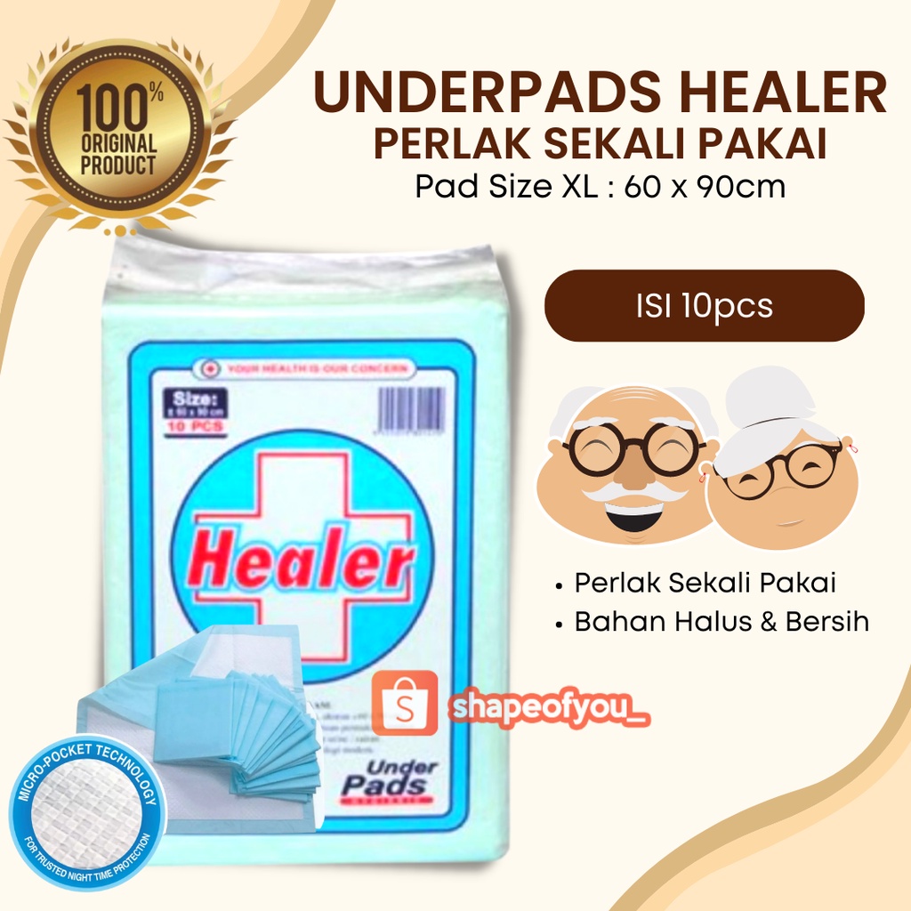 Healer Underpad Under pad Perlak Popok Dewasa Sekali Pakai Alas Pasien Menyerap Urine Darah uk 90 x 60 cm isi 10 pcs