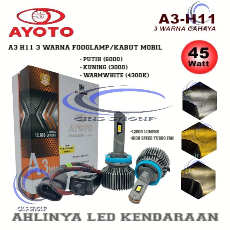 LAMPU LED  HEADLAMP FOGLAMP MOBIL H4 H11 H7 HB3(9005) HB4(9006) X9 ECO9 3 WARNA PUTIH, KUNING, DAN WARM WHITE