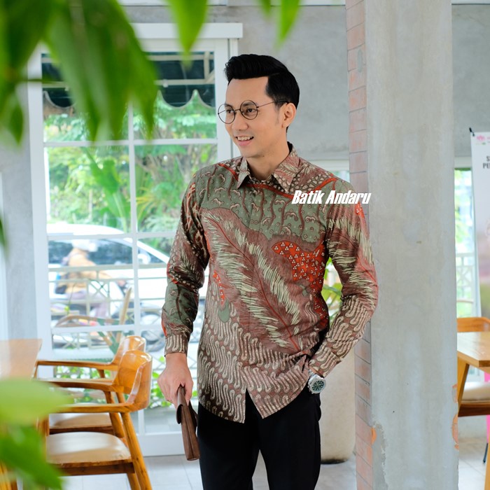 Baju Batik Pria Lengan Panjang Modern Kualitas Premium Warna Hijau Sage Orange